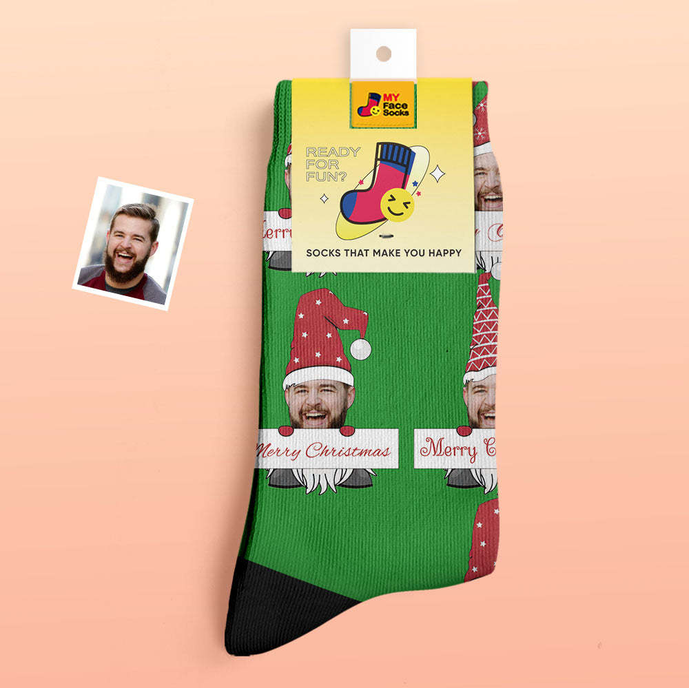 Custom Thick Socks Photo Autumn Winter Warm Socks Christmas Gnome Socks Merry Christmas - MyFaceSocks
