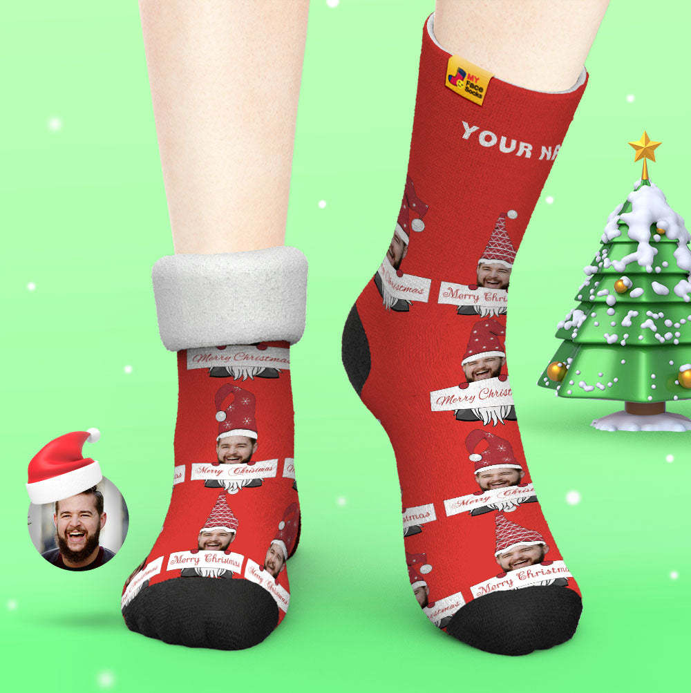 Custom Thick Socks Photo Autumn Winter Warm Socks Christmas Gnome Socks Merry Christmas - MyFaceSocks