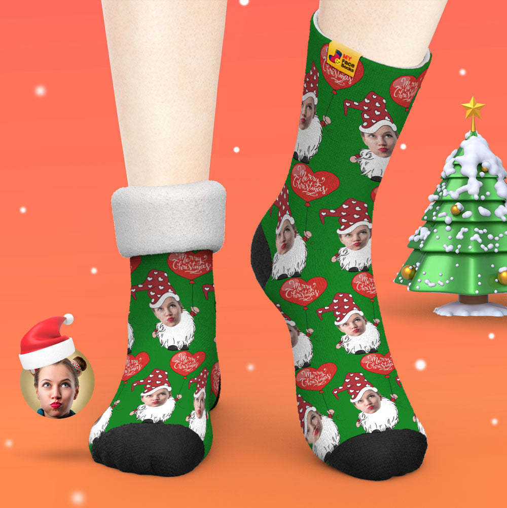 Custom Thick Socks Photo Autumn Winter Warm Socks Christmas Gnome With Heart Shaped Balloon Christmas Socks - MyFaceSocks