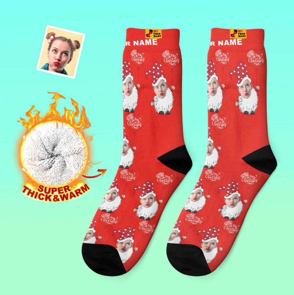 Custom Thick Socks Photo Autumn Winter Warm Socks Christmas Gnome With Heart Shaped Balloon Christmas Socks - MyFaceSocks