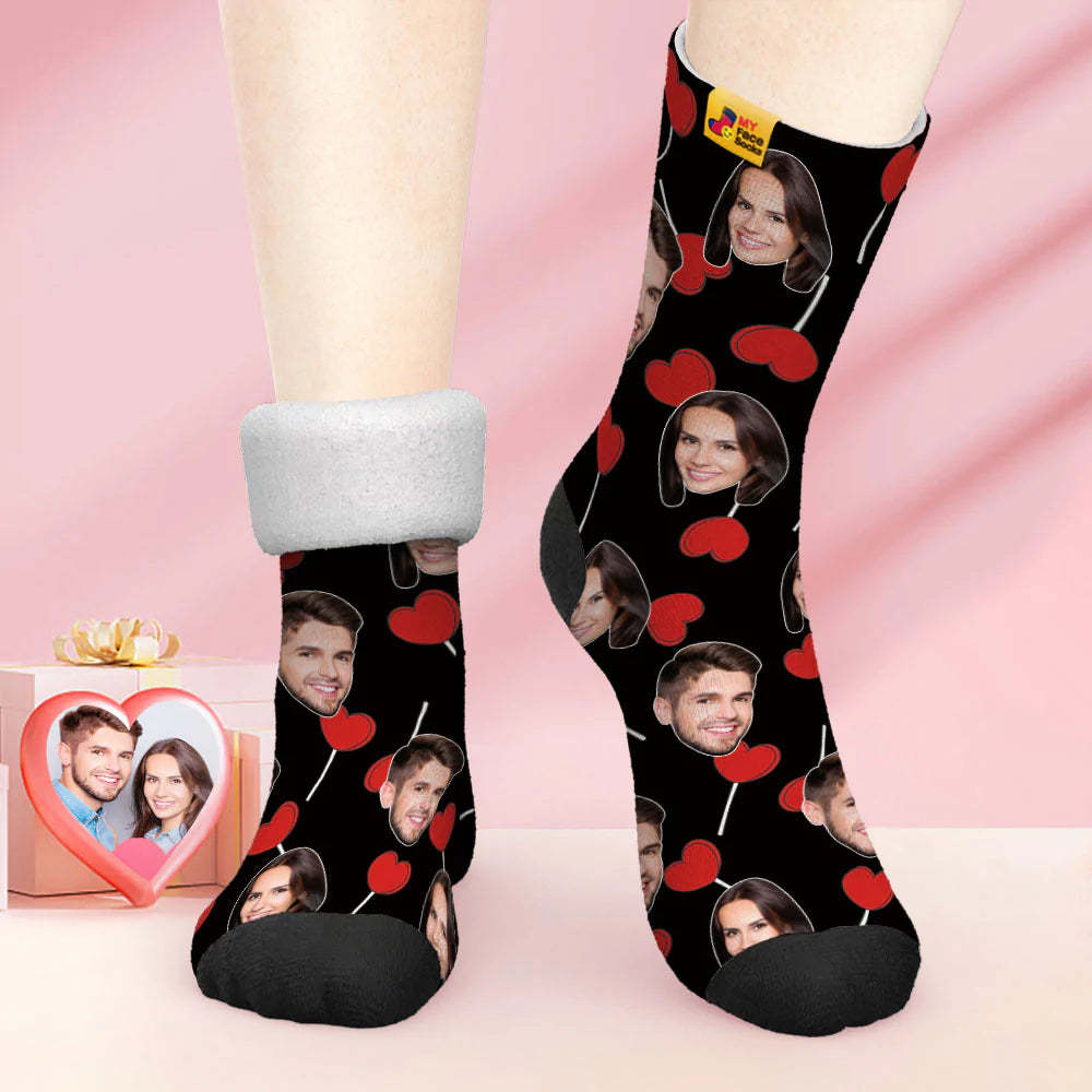 Custom Thick Photo Socks Valentine's Day Gift Warm Socks Heart Lollipops Face Socks - MyFaceSocks