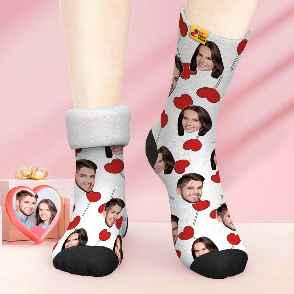 Custom Thick Photo Socks Valentine's Day Gift Warm Socks Heart Lollipops Face Socks - MyFaceSocks