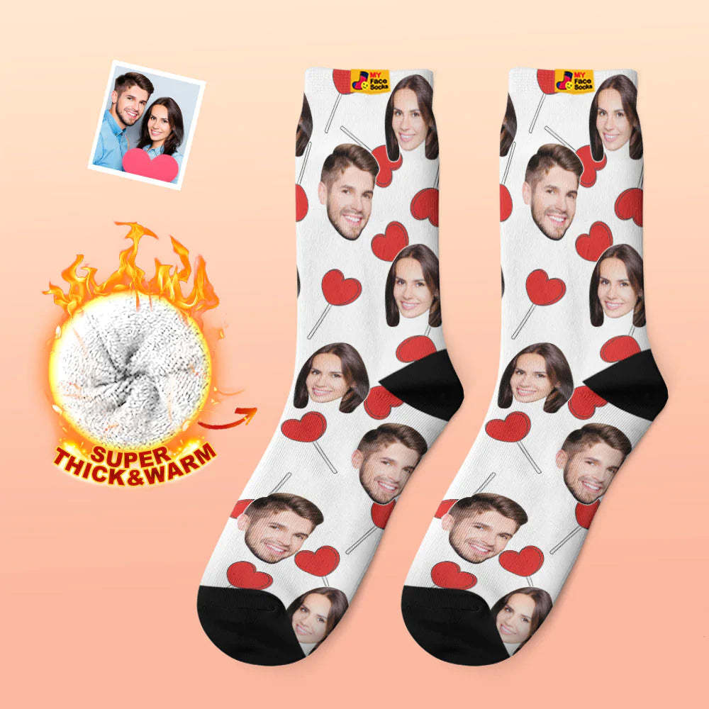 Custom Thick Photo Socks Valentine's Day Gift Warm Socks Heart Lollipops Face Socks - MyFaceSocks