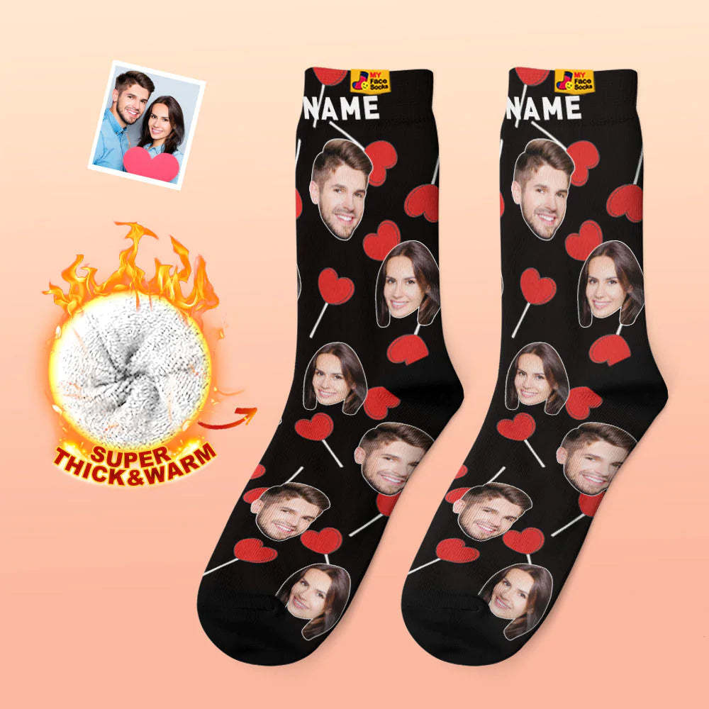 Custom Thick Photo Socks Valentine's Day Gift Warm Socks Heart Lollipops Face Socks - MyFaceSocks