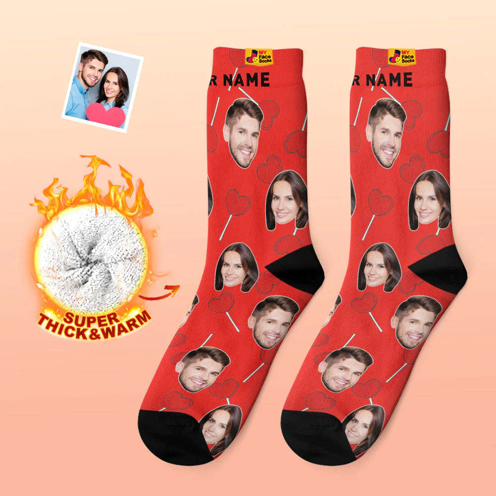 Custom Thick Photo Socks Valentine's Day Gift Warm Socks Heart Lollipops Face Socks - MyFaceSocks