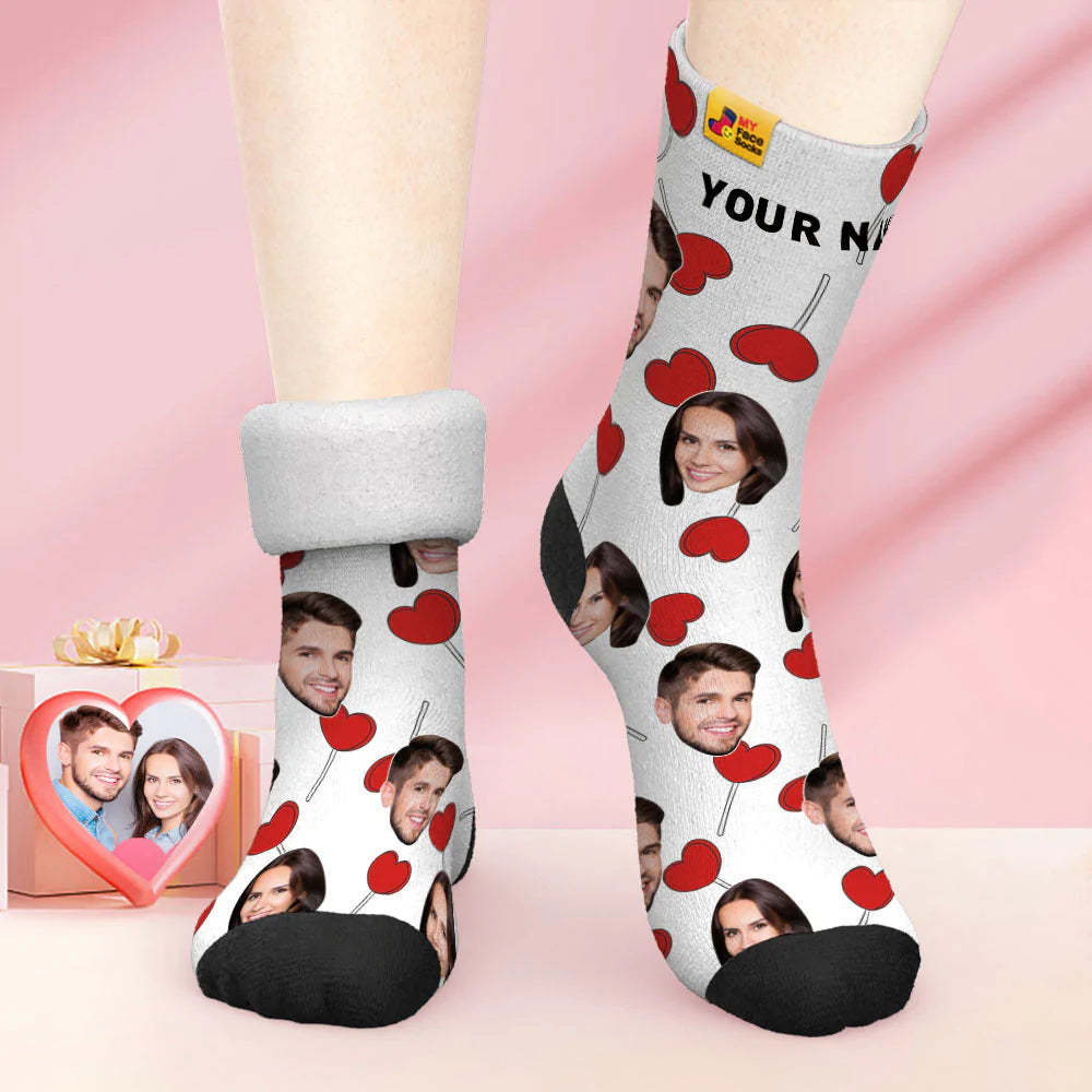 Custom Thick Photo Socks Valentine's Day Gift Warm Socks Heart Lollipops Face Socks - MyFaceSocks