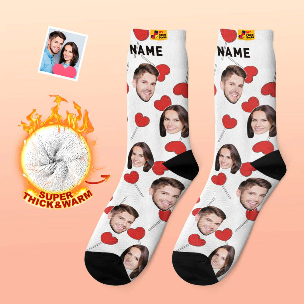 Custom Thick Photo Socks Valentine's Day Gift Warm Socks Heart Lollipops Face Socks - MyFaceSocks
