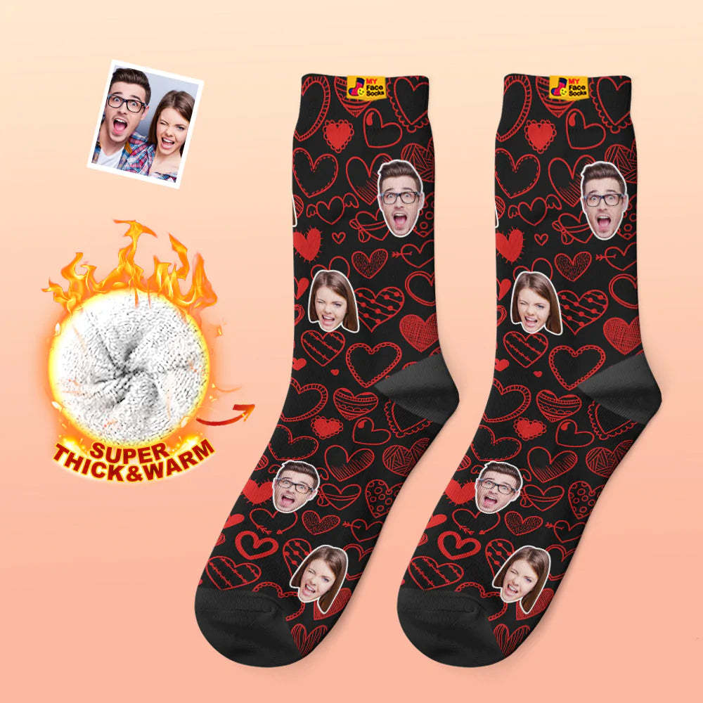 Custom Thick Photo Socks Valentine's Day Gift Warm Socks Fluttering Hearts All-Over Face Socks - MyFaceSocks