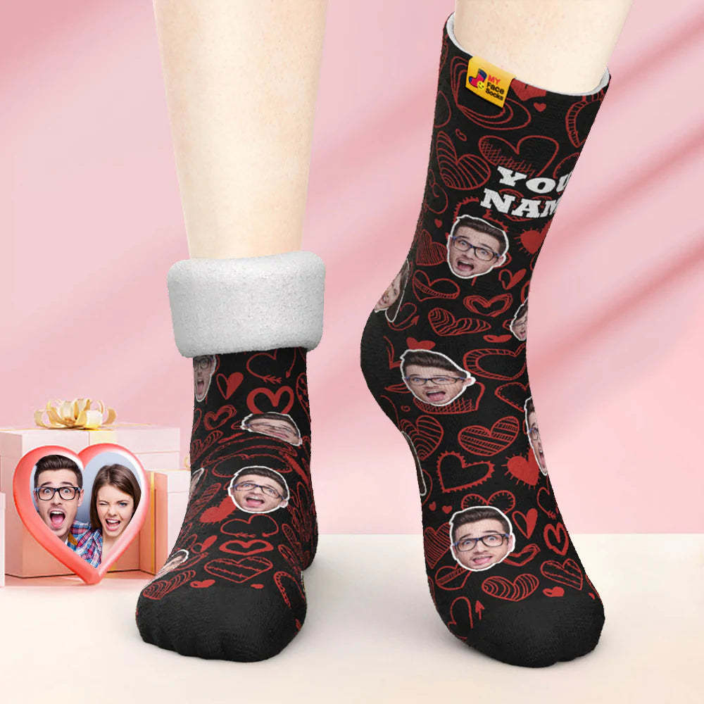 Custom Thick Photo Socks Valentine's Day Gift Warm Socks Fluttering Hearts All-Over Face Socks - MyFaceSocks