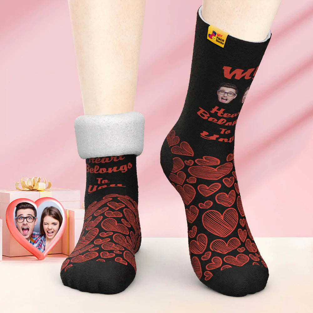 Custom Thick Photo Socks Valentine's Day Gift Warm Socks My Heart Belongs To You Face Socks - MyFaceSocks