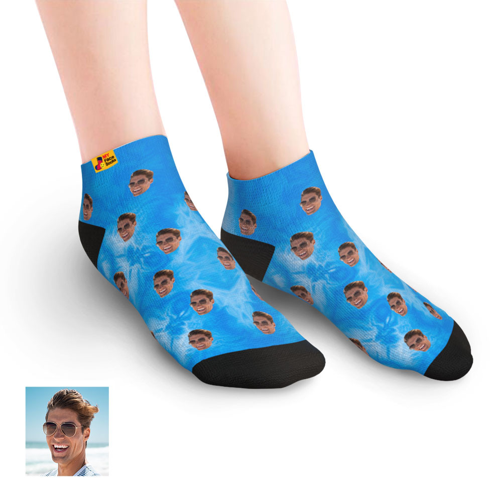 Custom Low cut Ankle Socks Personalized Face Socks Tie Dye Blue - MyFaceSocks