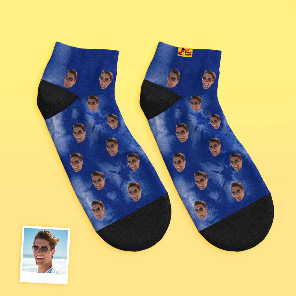 Custom Low cut Ankle Socks Personalized Face Socks Tie Dye Dark Blue - MyFaceSocks