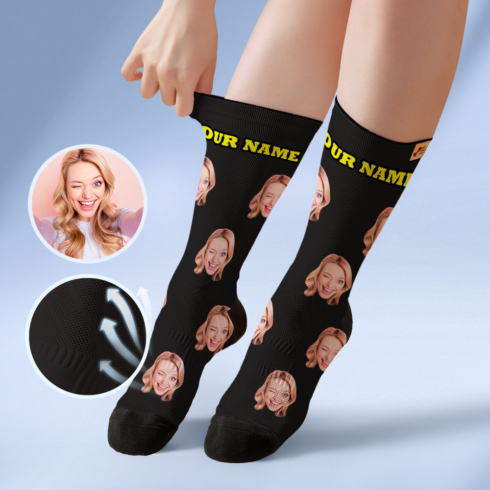 Custom Breathable Face Socks Online Preview Add Pictures And Name Colorful - Black