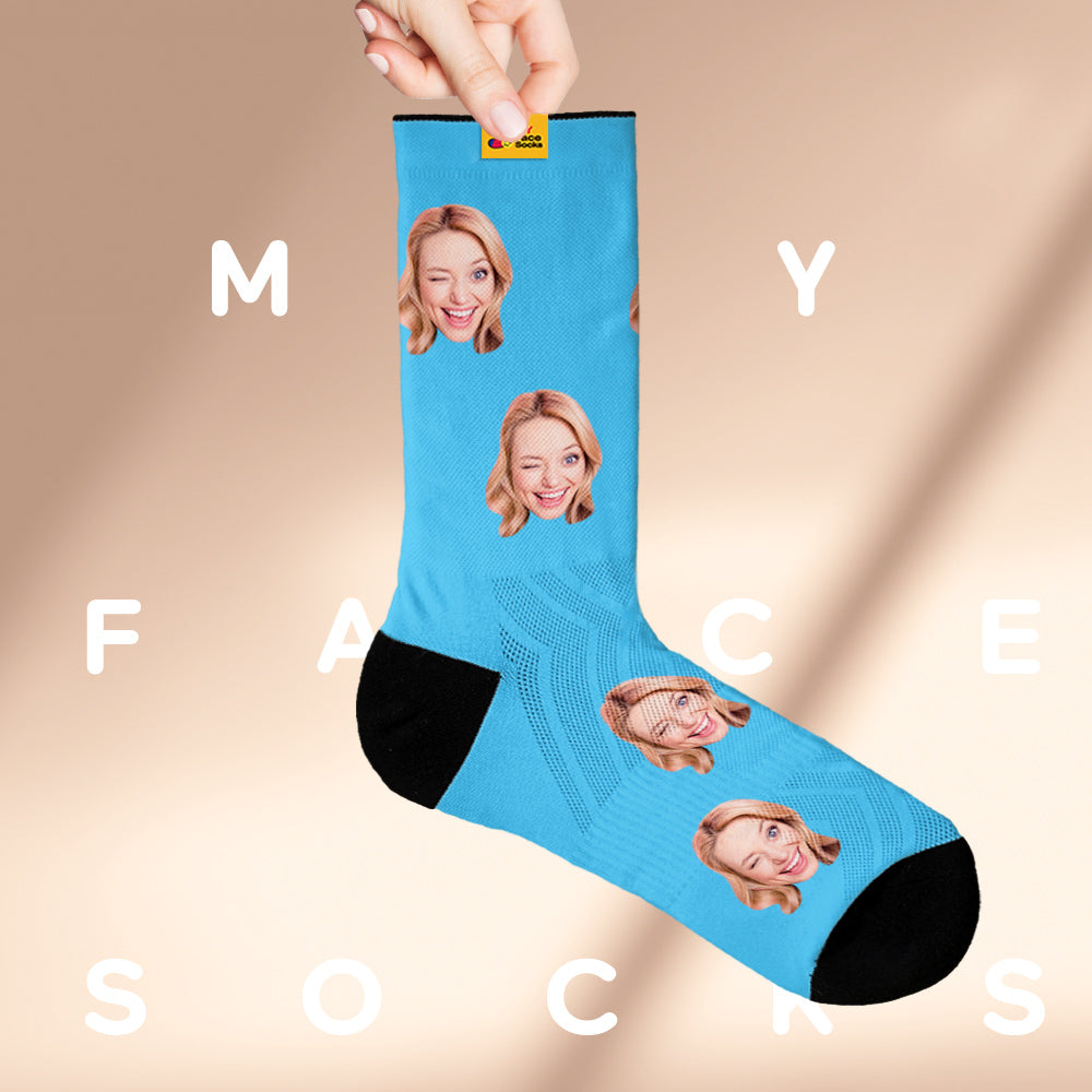 Upgrade Custom Breathable Face Socks Online Preview Add Pictures And Name Colorful Blue - MyFaceSocks