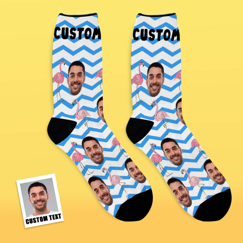 Custom Face Socks Add Pictures and Name Pink Flamingos Blue Zig Zag Breathable Soft Socks - MyFaceSocks