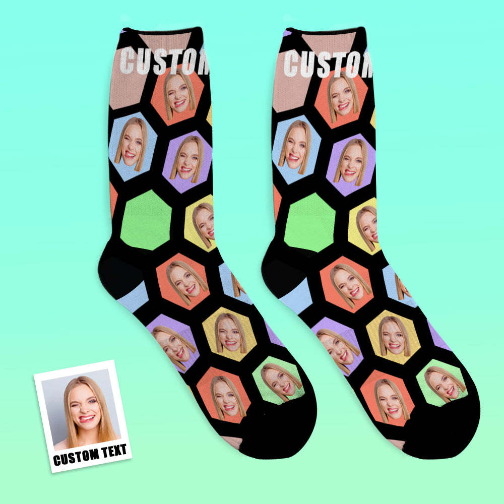 Custom Face Socks Add Pictures and Name Hexagon Breathable Soft Socks - MyFaceSocks