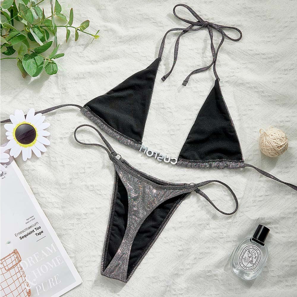 Custom Name Silver Triangle Bikini Sets Sexy DIY Crystal Letters Bikini - MyFaceSocks