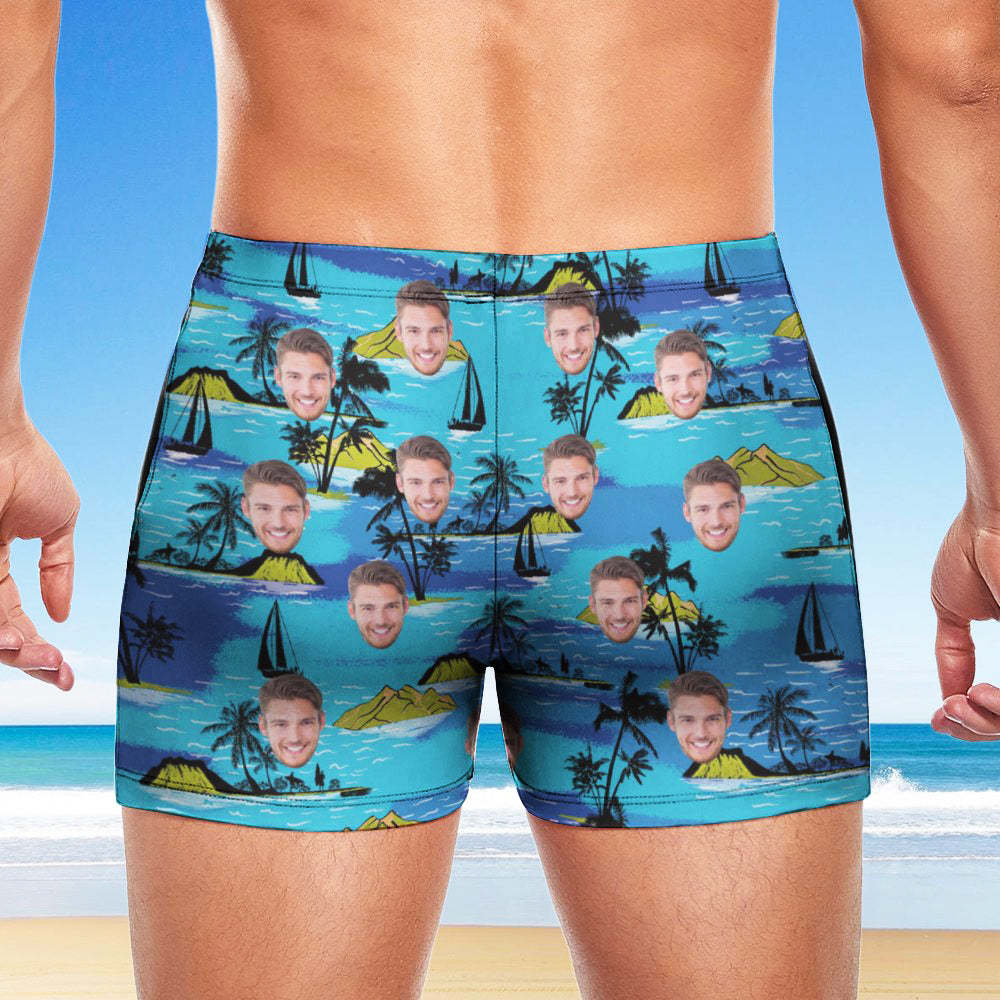 Custom Men's Swim Boxer Shorts, Hawaiian Face Swim Trunks, Peseronalized Swim Briefs - Island Vacation