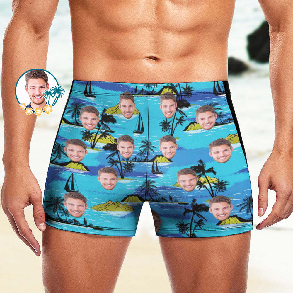 Custom Men's Swim Boxer Shorts, Hawaiian Face Swim Trunks, Peseronalized Swim Briefs - Island Vacation