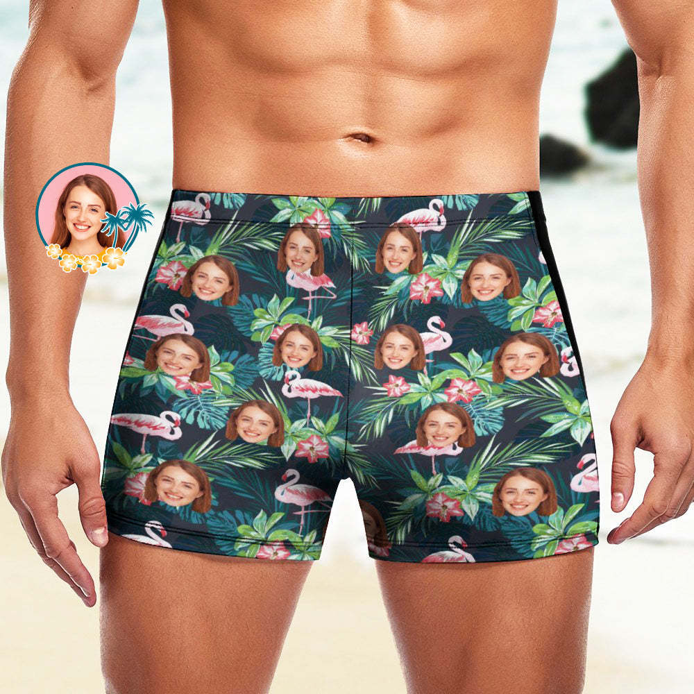 Custom Men's Swim Boxer Shorts, Hawaiian Face Swim Trunks, Peseronalized Swim Briefs - Flamingo