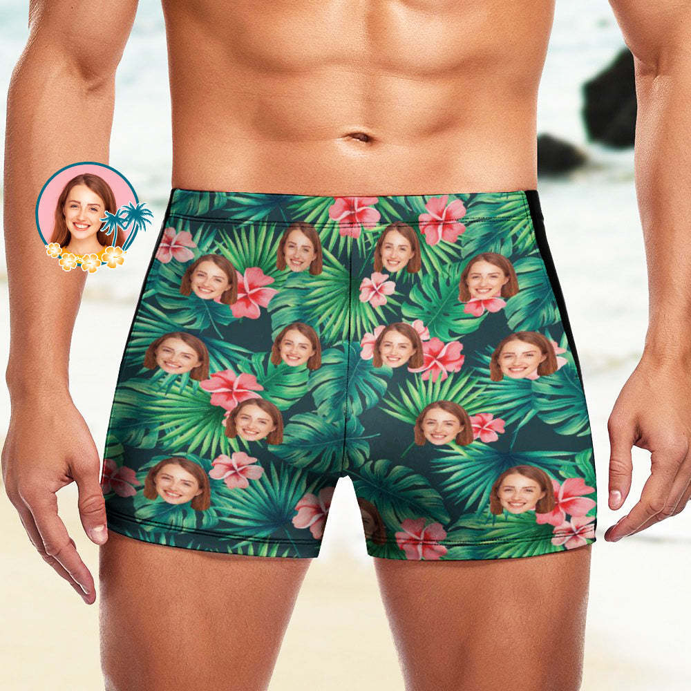 Custom Men's Swim Boxer Shorts, Hawaiian Face Swim Trunks, Peseronalized Swim Briefs - Flowers