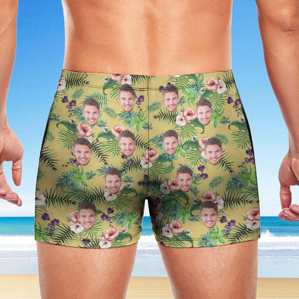 Custom Men's Swim Boxer Shorts, Hawaiian Face Swim Trunks, Peseronalized Swim Briefs - Yellow