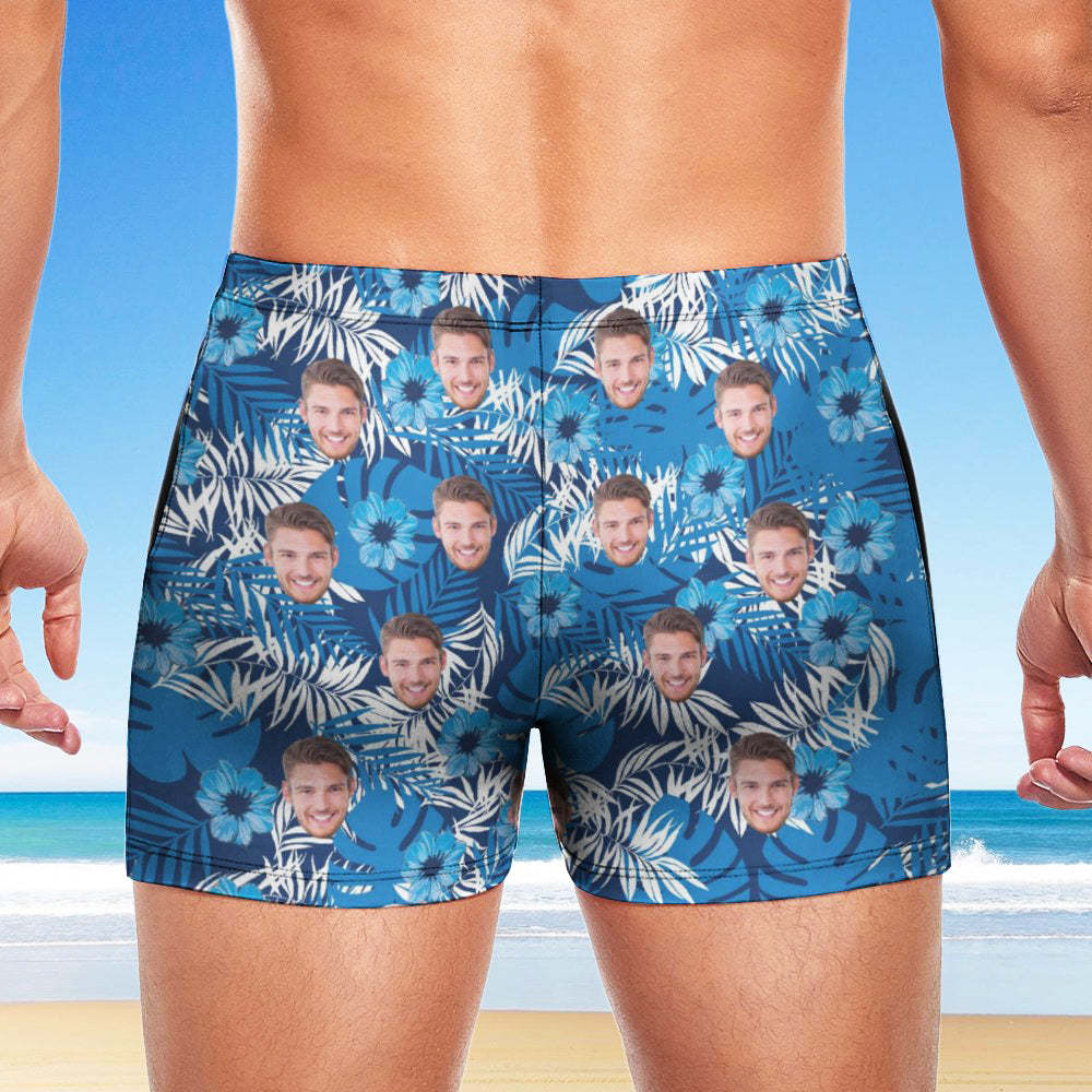 Custom Men's Swim Boxer Shorts, Hawaiian Face Swim Trunks, Peseronalized Swim Briefs - Flowers and leaves