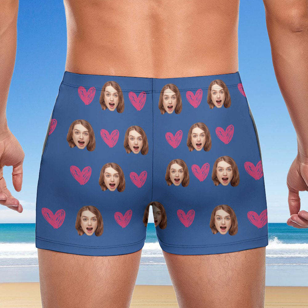 Custom Men's Swim Boxer Shorts, Hawaiian Face Swim Trunks, Peseronalized Swim Briefs - Heart