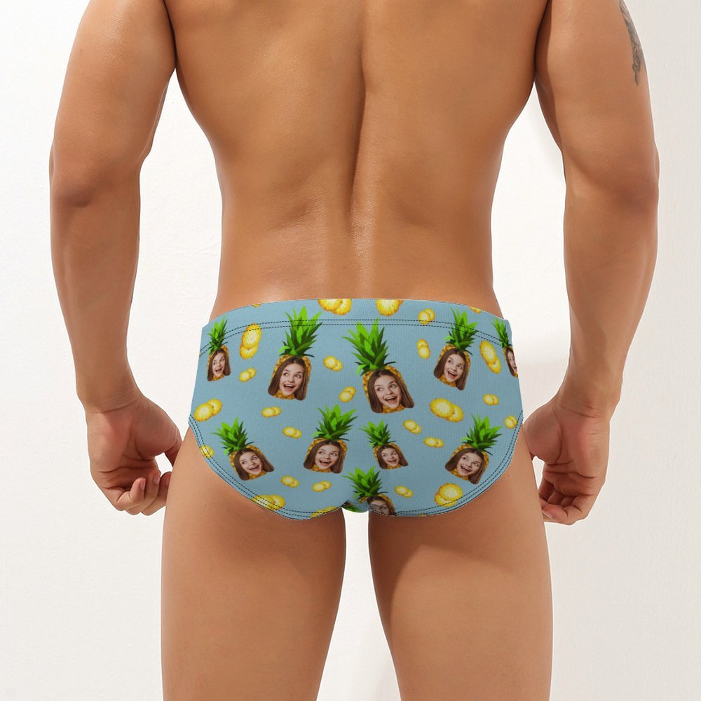 Custom Face Hawaiian Style Men's Swimming Trunks Personalized Pineapple Triangle Swim Briefs - MyFaceSocks