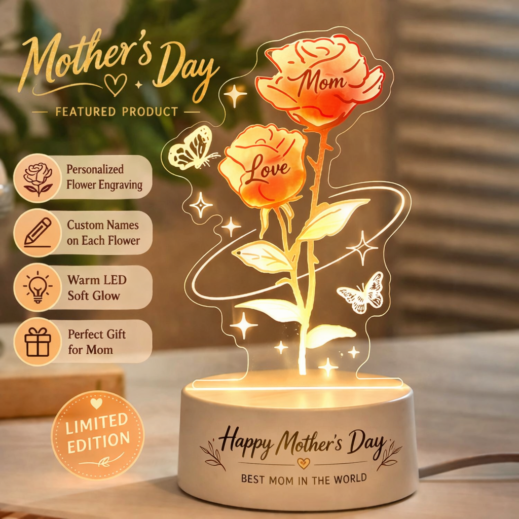 Personalized Eternal Rose Tulip Lily of the Valley LED Night Light – Mother’s Day Custom Flower Lamp Gift for Mom - MyFaceSocks