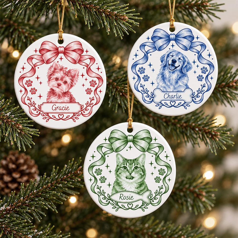 Custom Photo Dog Cat Watercolor Coquette Ceramic Ornament, Personalized Pet Holiday Keepsake