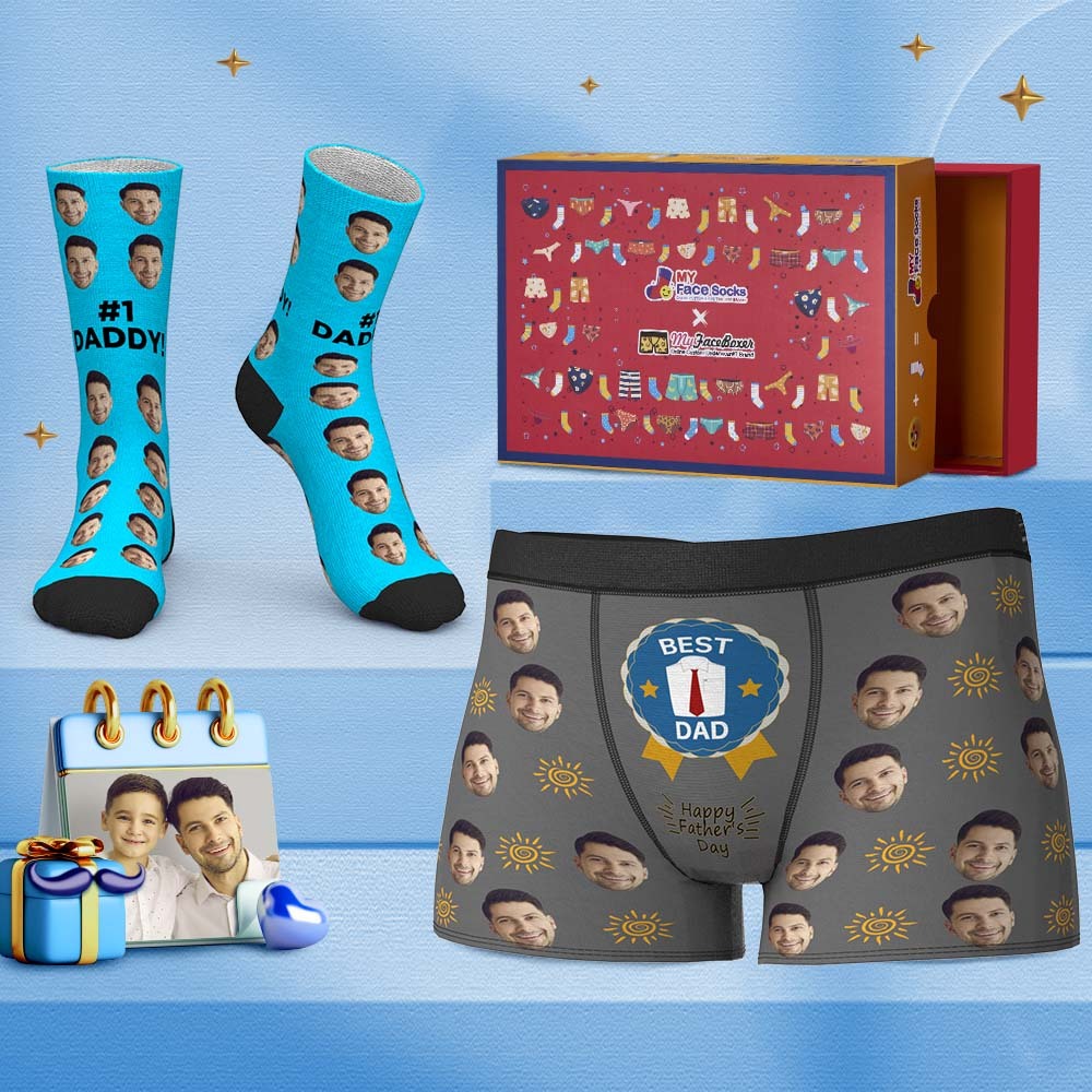 Custom Face Boxer Shorts And Socks Set Gifts For Dad #1 Daddy Co-Branding Set