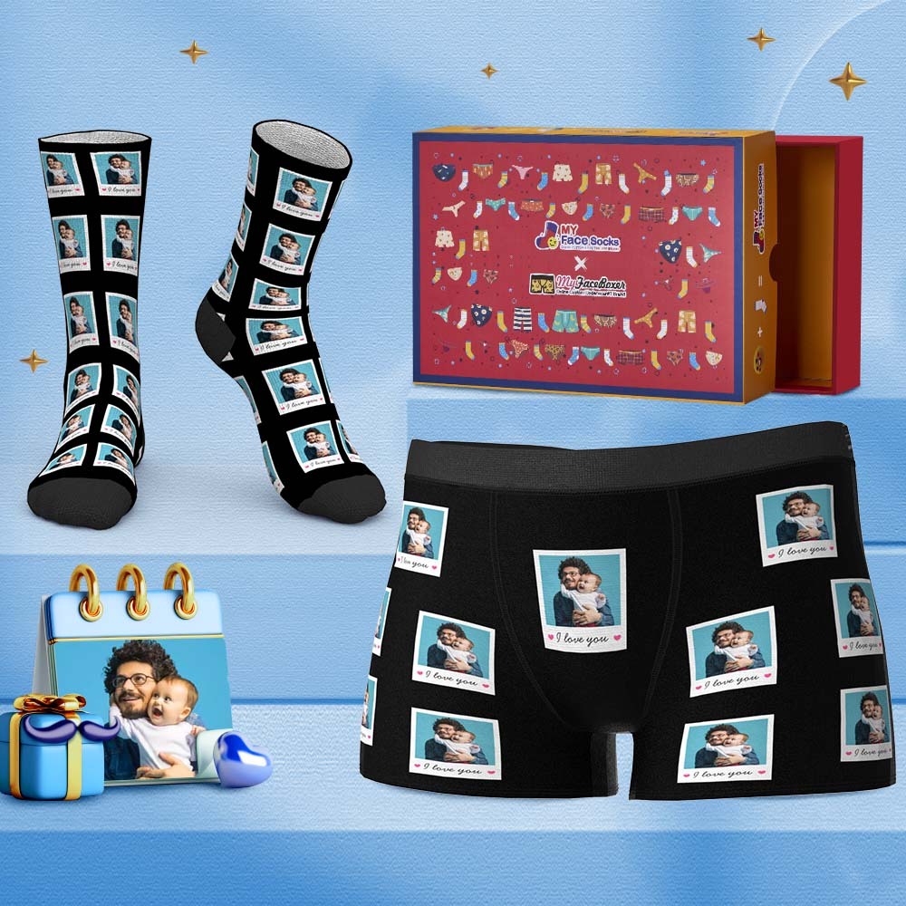 Custom Face Boxer Shorts And Socks Set Gifts To Dad I Love You Polaroid Co-Branding Set