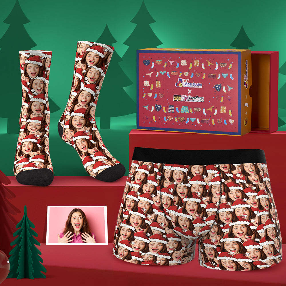 Custom Christmas Hat Face Mash Boxer Shorts And Socks Set For Lover Co-Branding Set