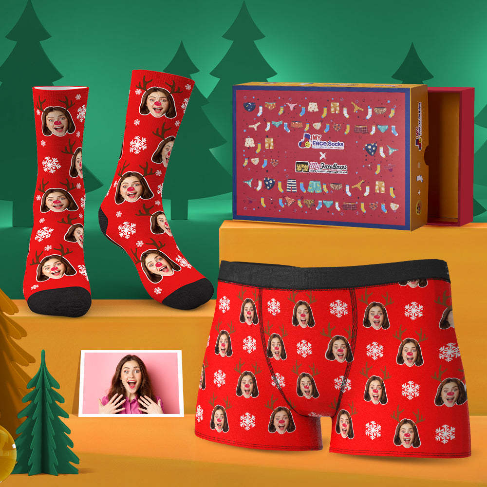 Custom Christmas Moose Face Boxer Shorts And Socks Set For Lover Co-Branding Set