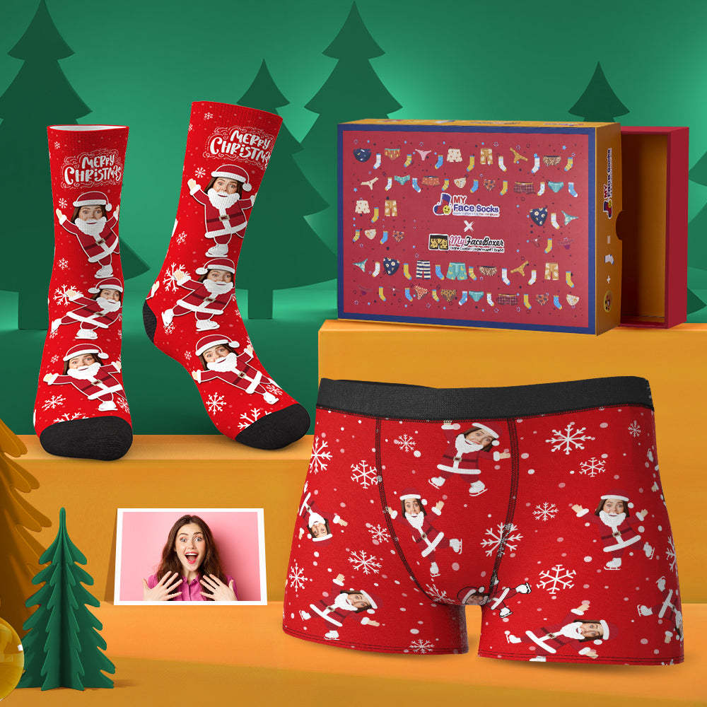 Custom Face Boxer Shorts And Socks Set For Lover Merry Christmas Snow Co-Branding Set