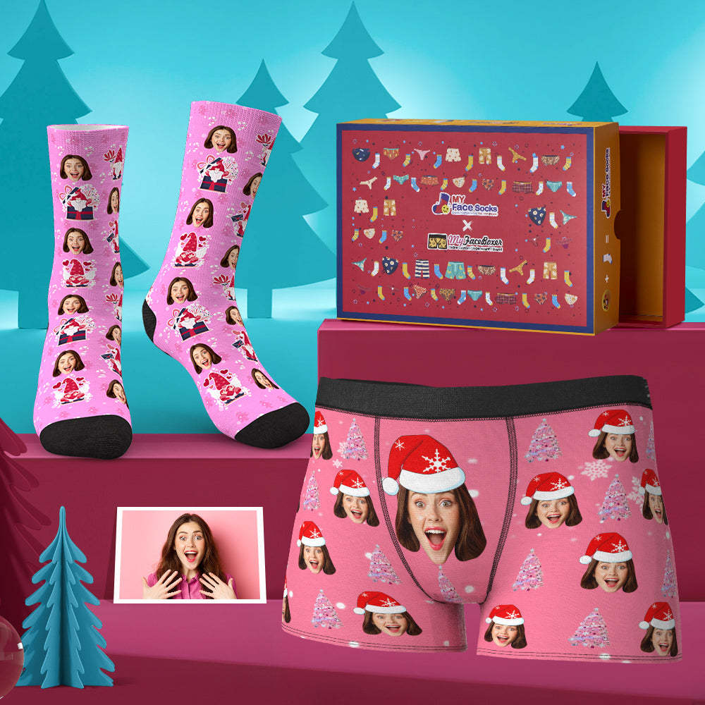 Custom Face Boxer Shorts And Socks Set For Him Pink Christmas Co-Branding Set