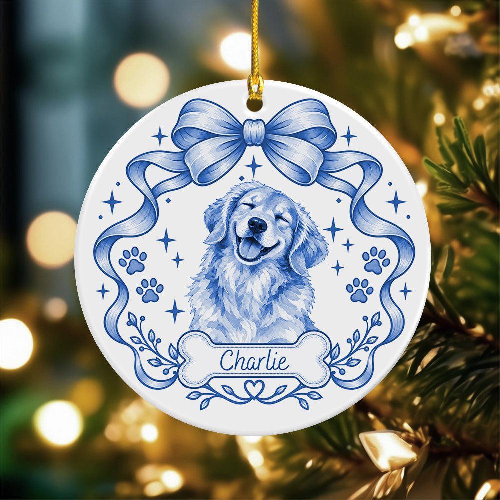 Custom Photo Dog Cat Watercolor Coquette Ceramic Ornament, Personalized Pet Holiday Keepsake - MyFaceSocks