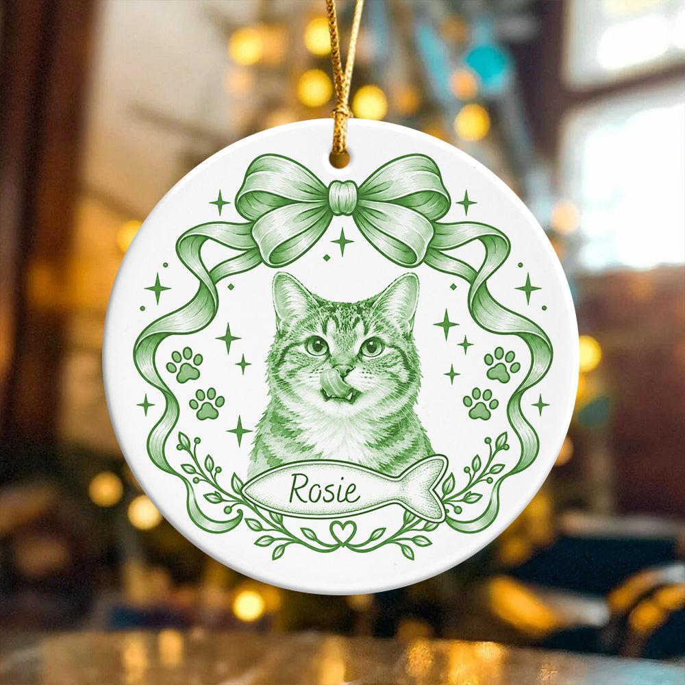 Custom Photo Dog Cat Watercolor Coquette Ceramic Ornament, Personalized Pet Holiday Keepsake - MyFaceSocks
