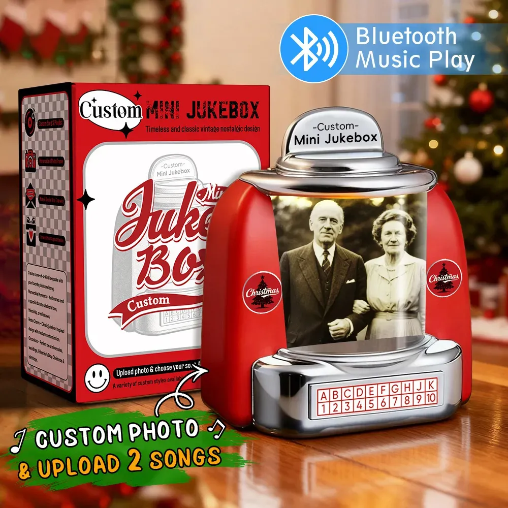 Custom Mini Jukebox Retro Speaker – Personalized Photo,Names & Date Music Mini Player with Bluetooth Music Radio | Vintage Tabletop Home Decor Nostalgic Gift - MyFaceSocks