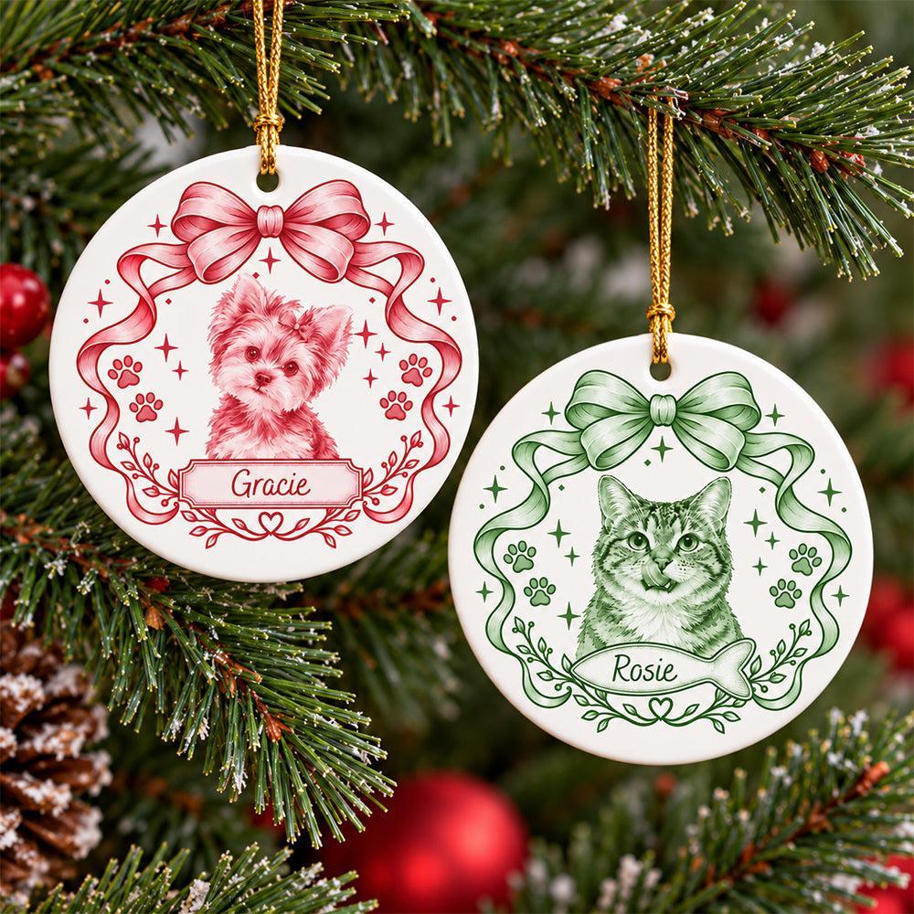 Custom Photo Dog Cat Watercolor Coquette Ceramic Ornament, Personalized Pet Holiday Keepsake - MyFaceSocks