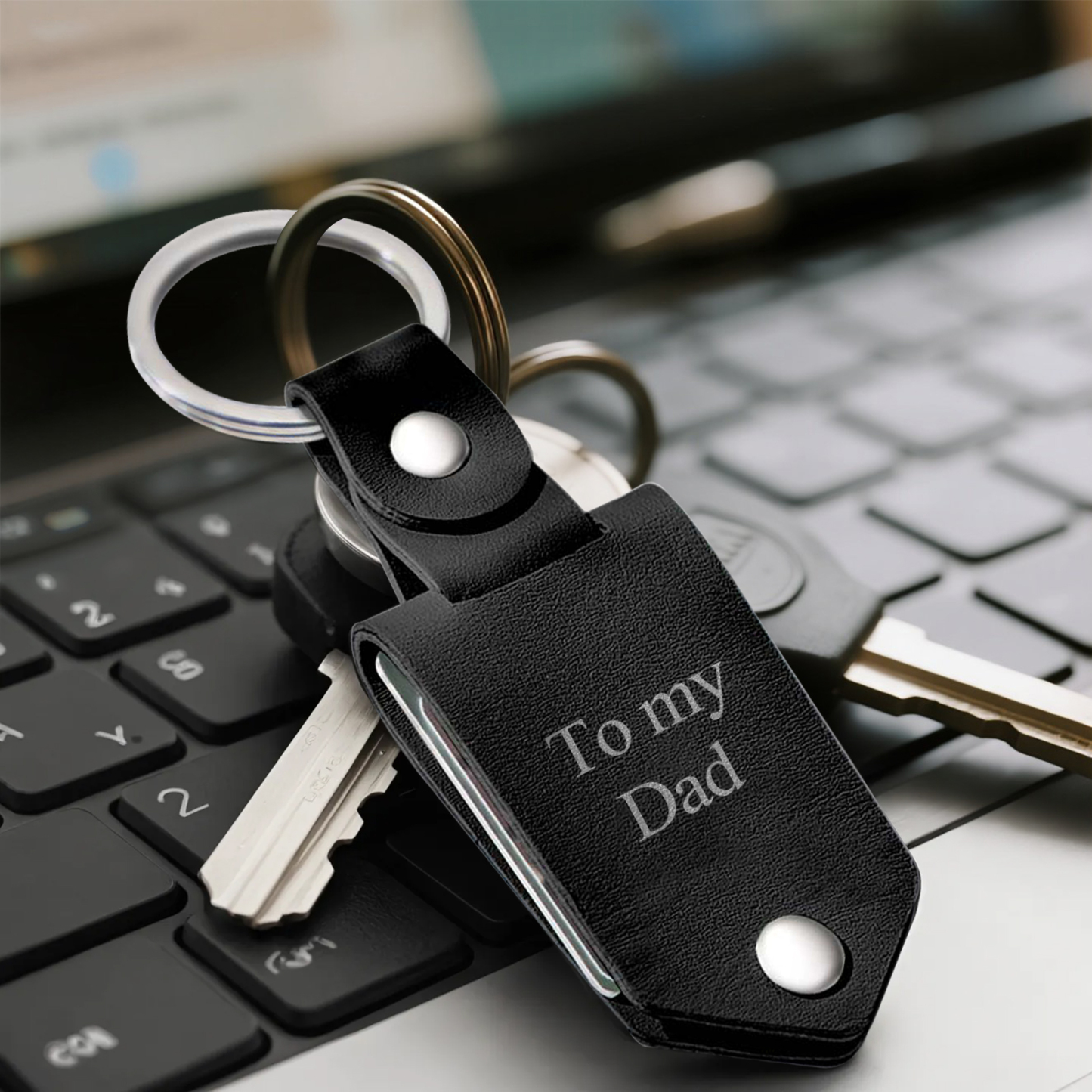 Custom Leather Cartoon Photo Keychain Personalized Engraved Text Commemorative Keychain Fathers Day Gifts - MyFaceSocks