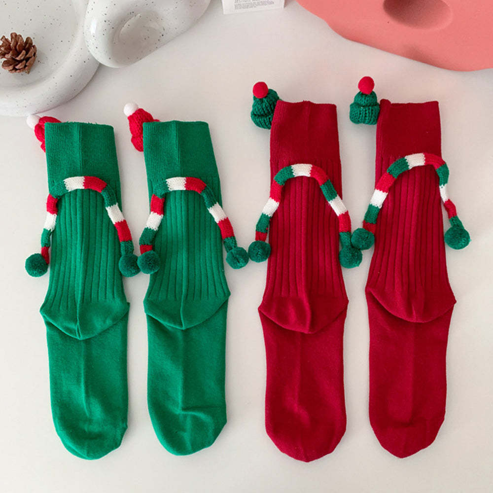 Funny Santa Claus Doll Magnetic Holding Hands Socks Women's Mid Tube Socks Christmas Gifts - MyFaceSocks