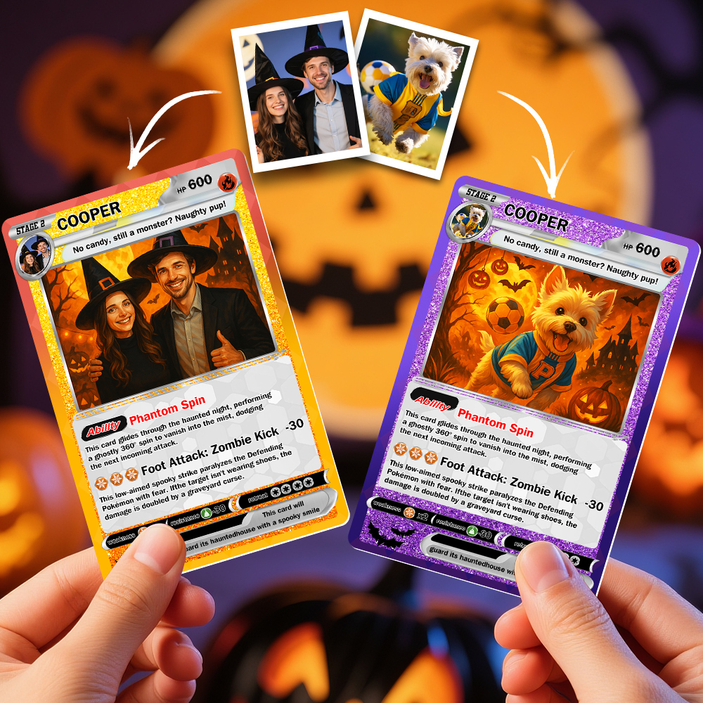 Custom Halloween & Christmas Couple Card Personalized Cartoon Trading Card with Photo & Name, Unique Holiday Gift for Lover - MyFaceSocks
