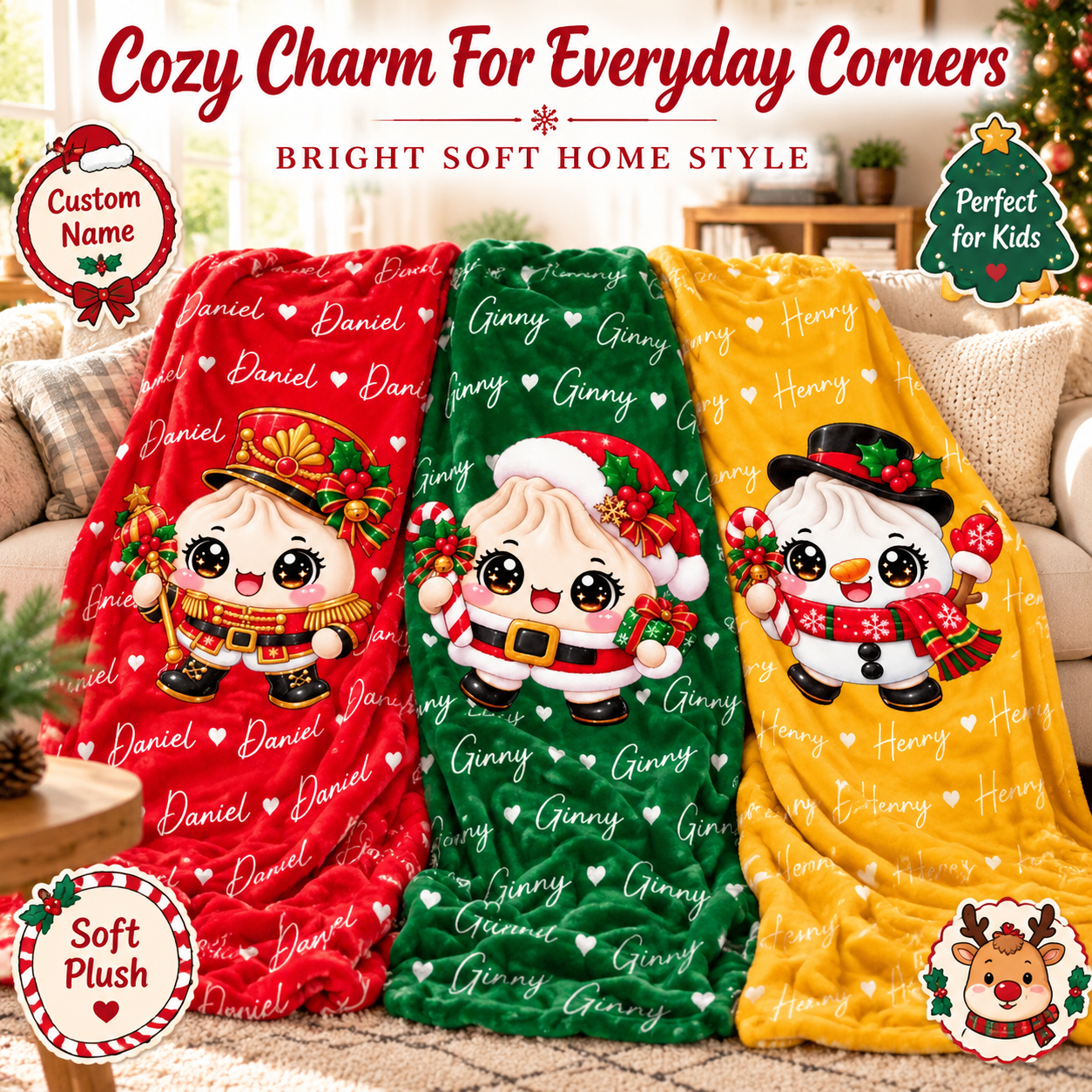 Custom Dumpling Squishy Christmas Characters Kids Gifts Personalized Blanket - MyFaceSocks