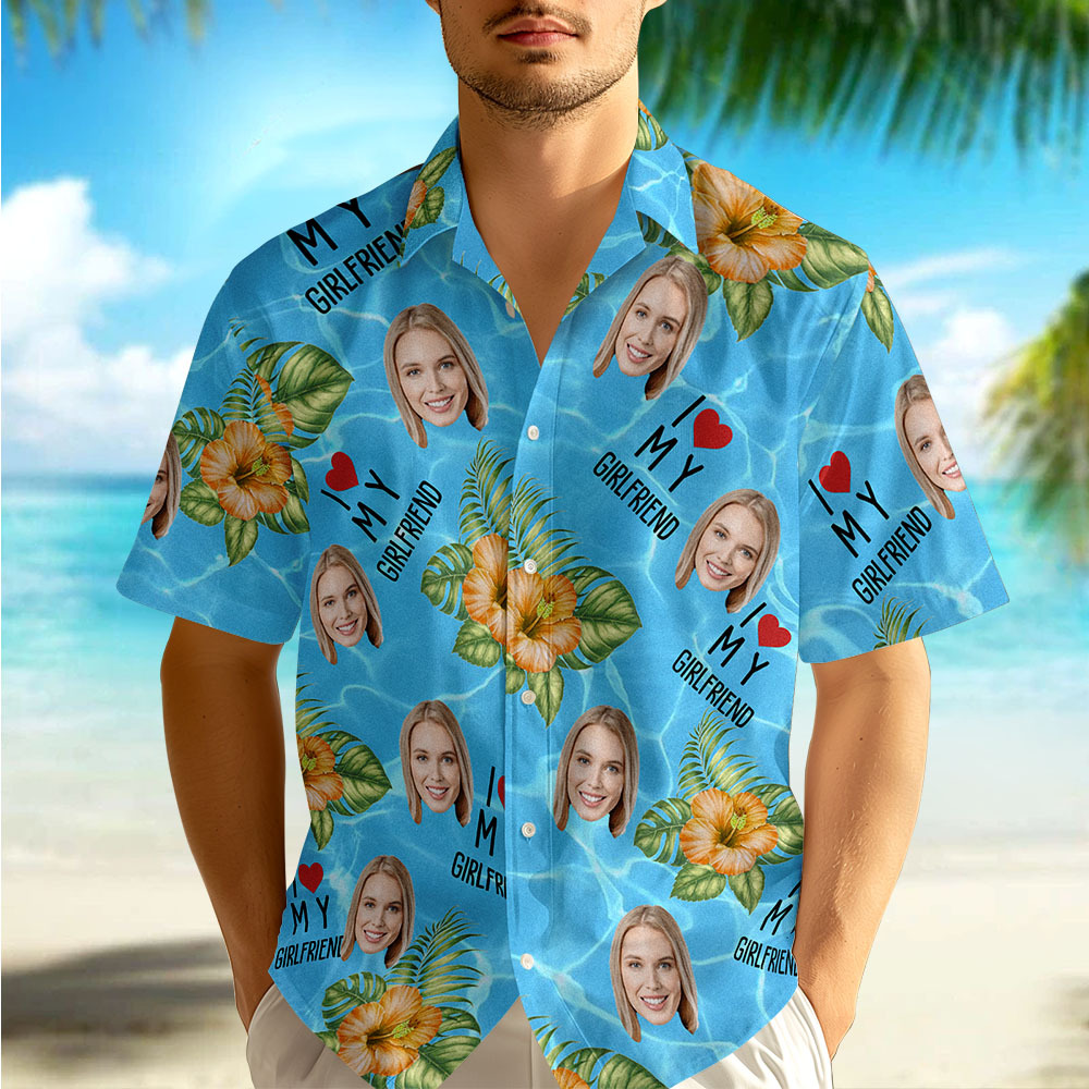 Personalized Face Hawaiian Shirt Summer Vacation Couple Face Hawaiian Shirt I Love My Wife Light Blue Flower Hawaiian Shirt - MyFaceSocks
