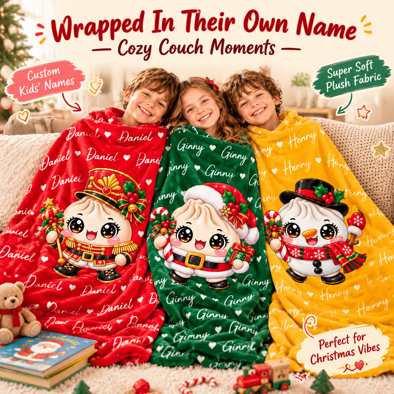 Custom Dumpling Squishy Christmas Characters Kids Gifts Personalized Blanket - MyFaceSocks