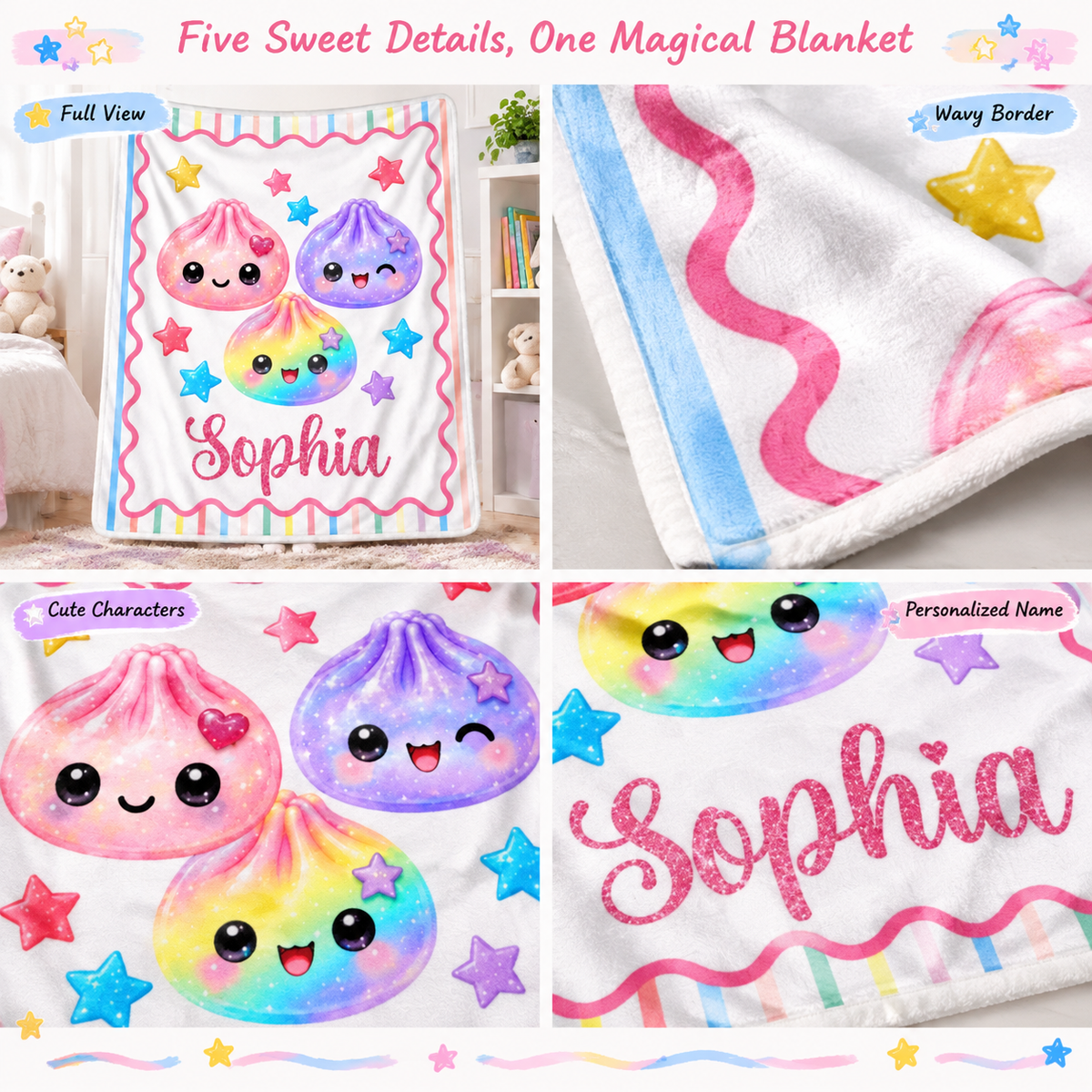 Custom Kawaii Dumpling Squishy Name Gifts for Girls - Personalized Blanket Birthday & Holiday Gift with Name - MyFaceSocks