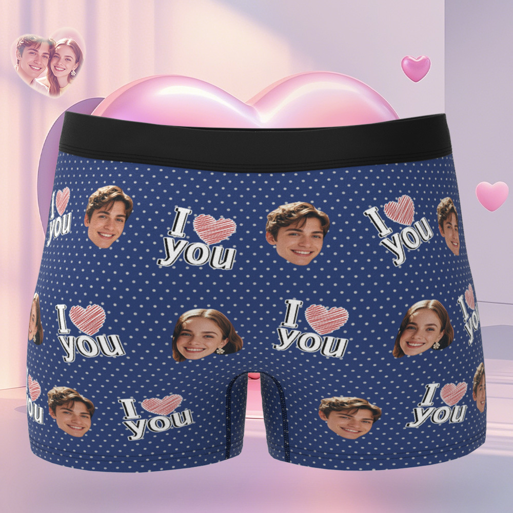 Personalized Face Men's Boxer Blue Underwear Gifts for Husband I Love You Heart Men Face Boxer - MyFaceSocks