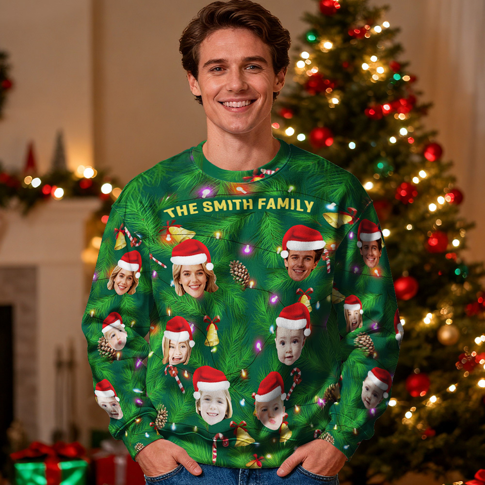 Custom Face Round Neck Hoodie Multi Family Face Hoodie Personalized Photo Gift For Family Christmas Light Bulbs Sweater - MyFaceSocks